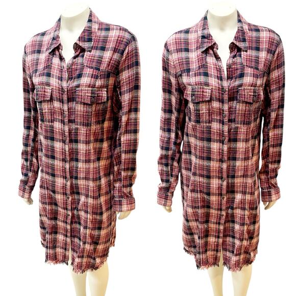 Free People 8 Days a Week Plaid Shirt Dress Red Multi Medium - Picture 1 of 9